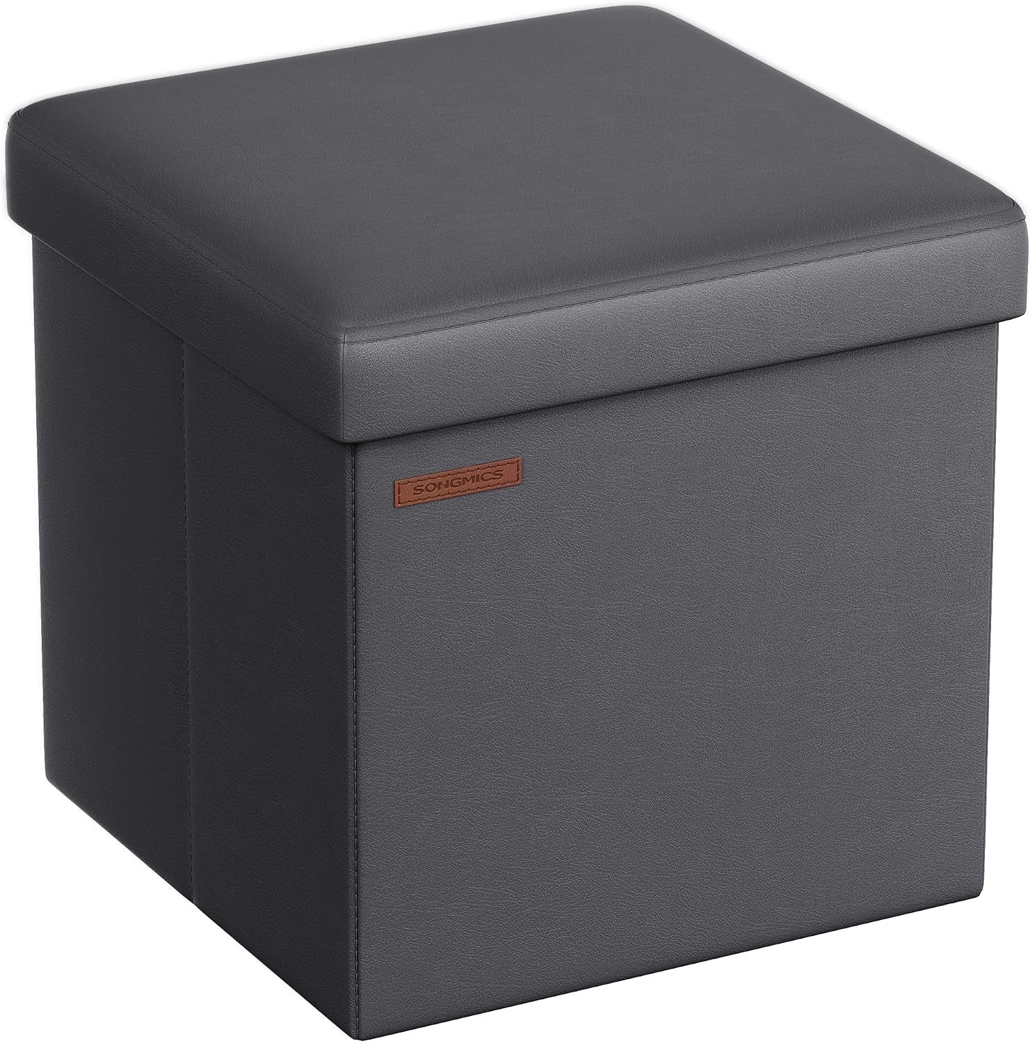 Square dark gray synthetic-leather storage ottoman with cushioned lid, shown at an angle