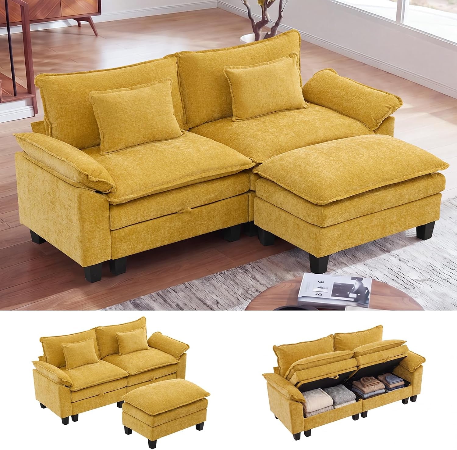85" Modular Sectional Sofa with Storage, L-Shaped Comfy Cloud Couch | Deep Seat, Moveable Ottoman, Throw Pillows, Sofa Sleeper, Cloud Comfort Couches for Living Room Bedroom, Chenille Beige