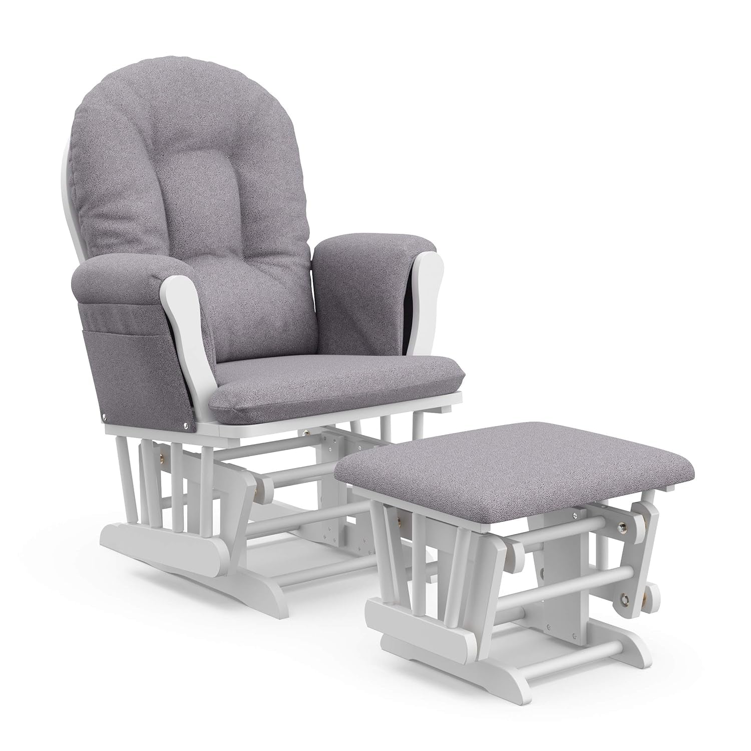 Light gray upholstered glider and ottoman with white painted wooden frame