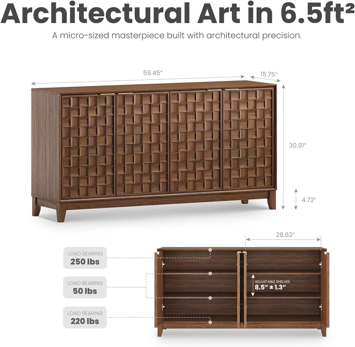 Studio render of walnut 4-door sideboard showing overall proportions, dimensions and interior shelf layout
