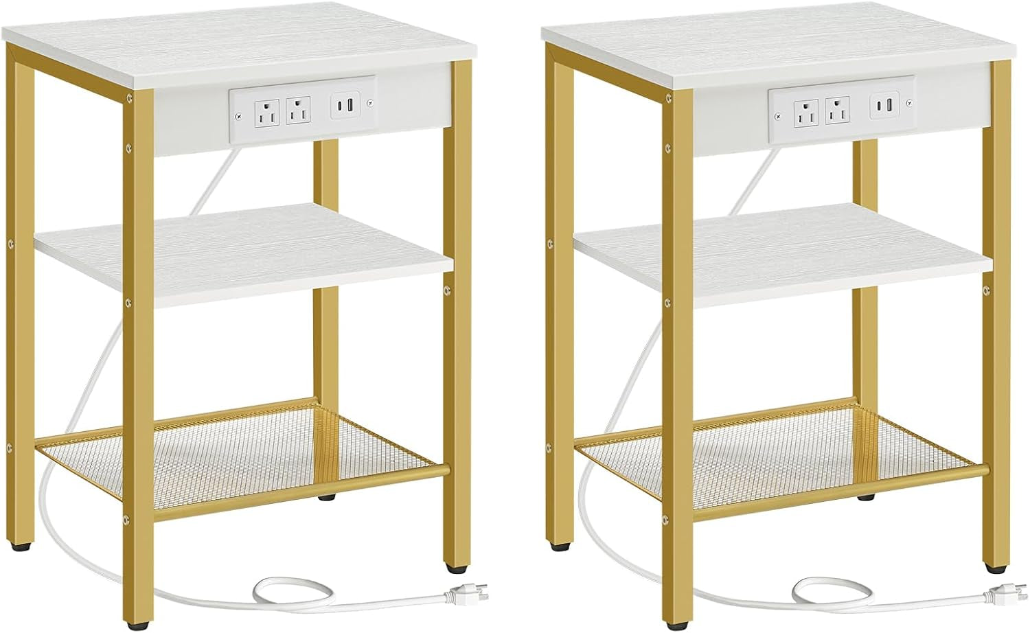 White-top side table with gold metal legs, two shelves and front charging panel, shown twice on white background