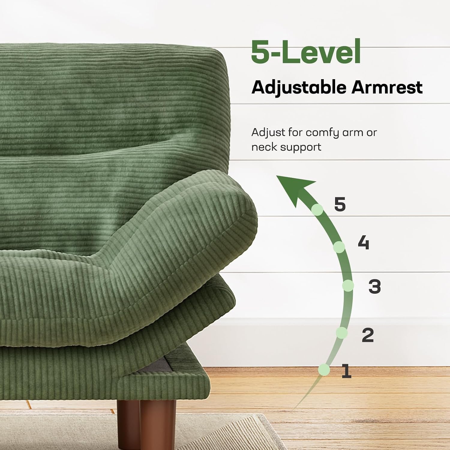 Close-up of the adjustable armrest set at an angle with five-level indicator on a corduroy surface