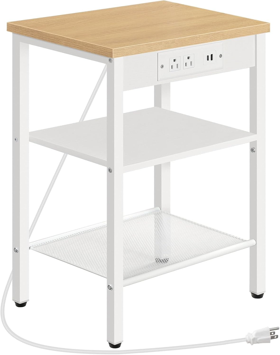 White-framed table with light oak top, white shelves, mesh lower shelf and a white power cord.