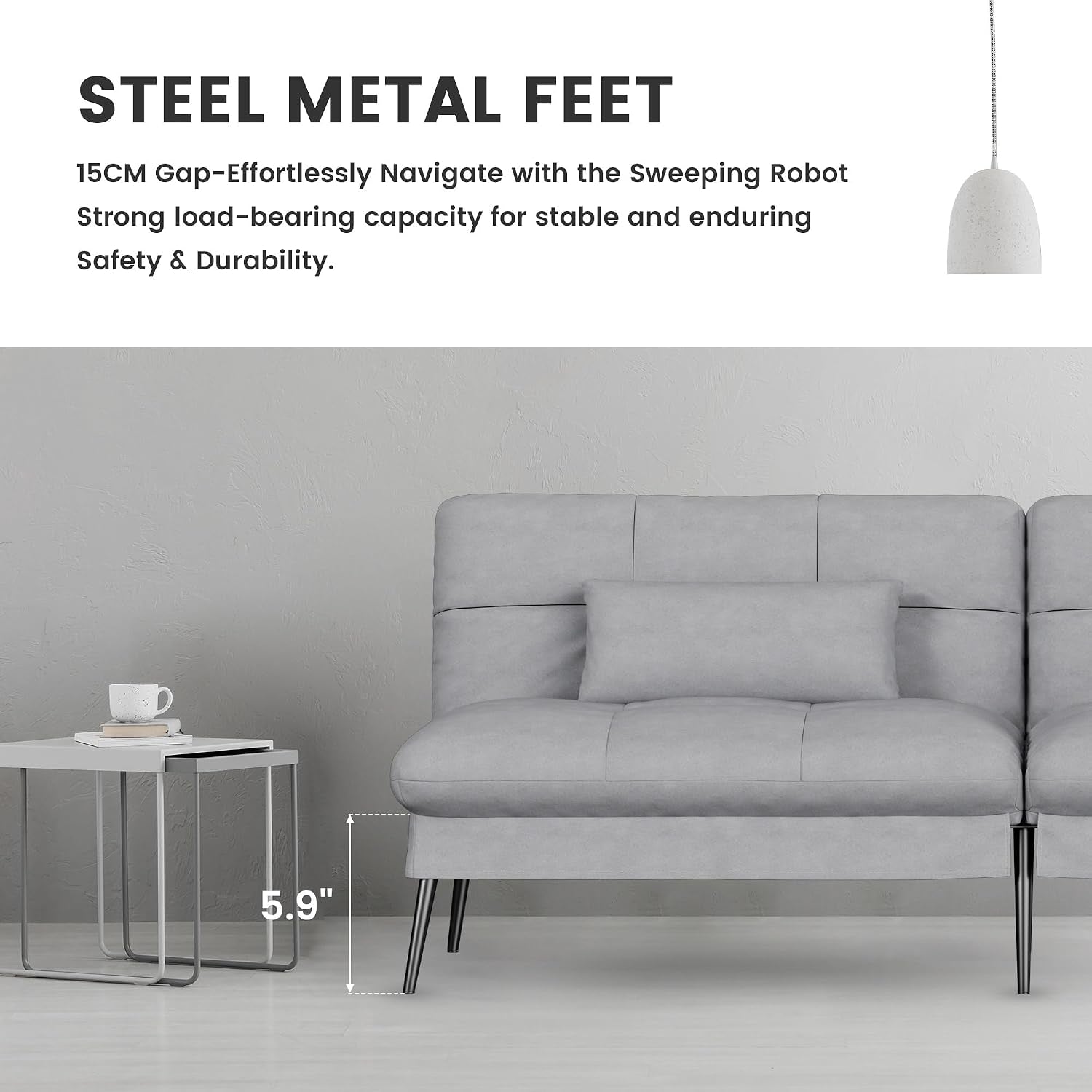 Close side view of one futon section showing tufted upholstery, a lumbar pillow, and black tapered metal legs next to nested