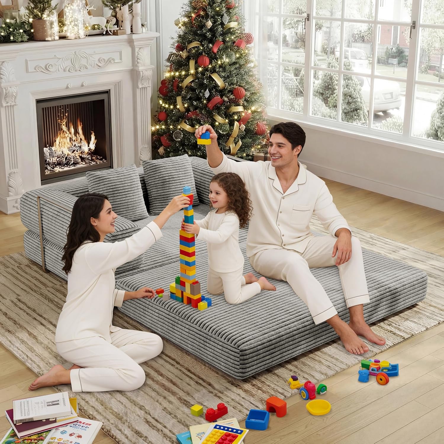 4 in 1 Convertible Sofas Boneless Couches with 2 Pillow, Modern Corduroy Futon Bed, Modular Queen Sofa with Pull-Out Bed, Loveseat for Living Room, Small Space Apartment 53.15" Double Sofa