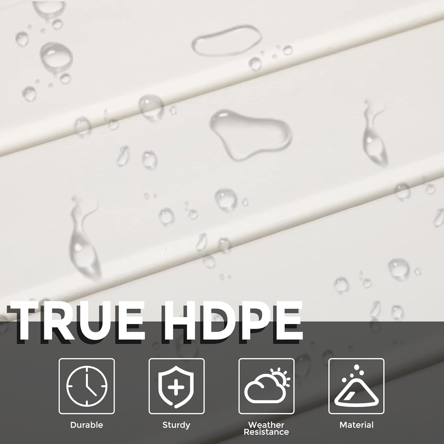 Close-up of white slatted HDPE tabletop with water droplets to illustrate weather resistance