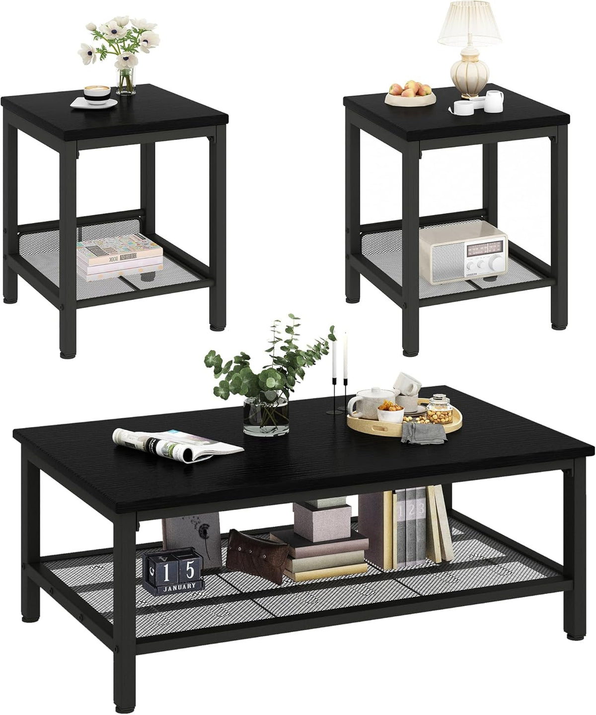 Three black metal-framed tables shown together: two square end tables and a rectangular coffee table with mesh lower shelves.