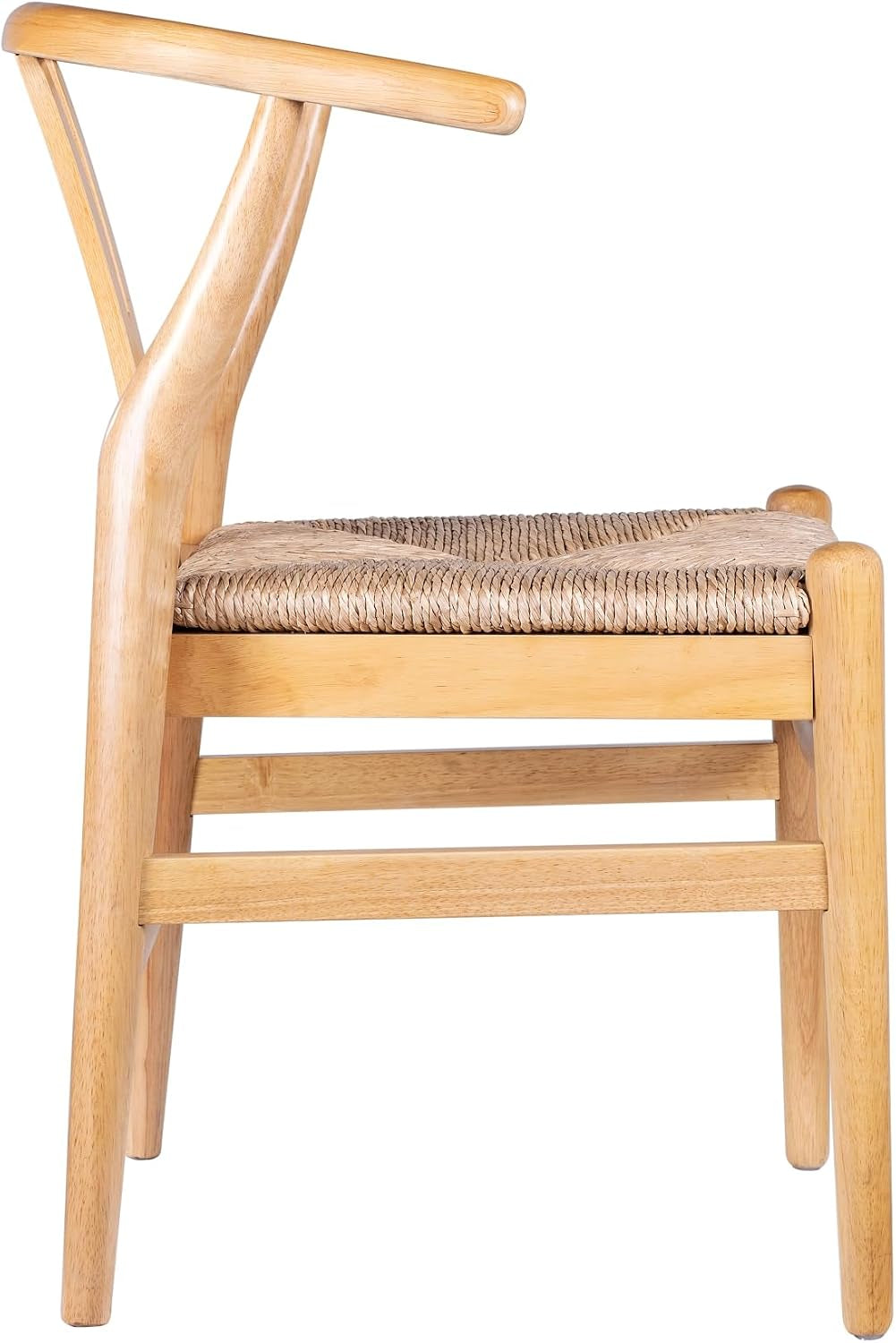 Low-angle side view showing the chair's lower frame, stretchers and woven seat edge