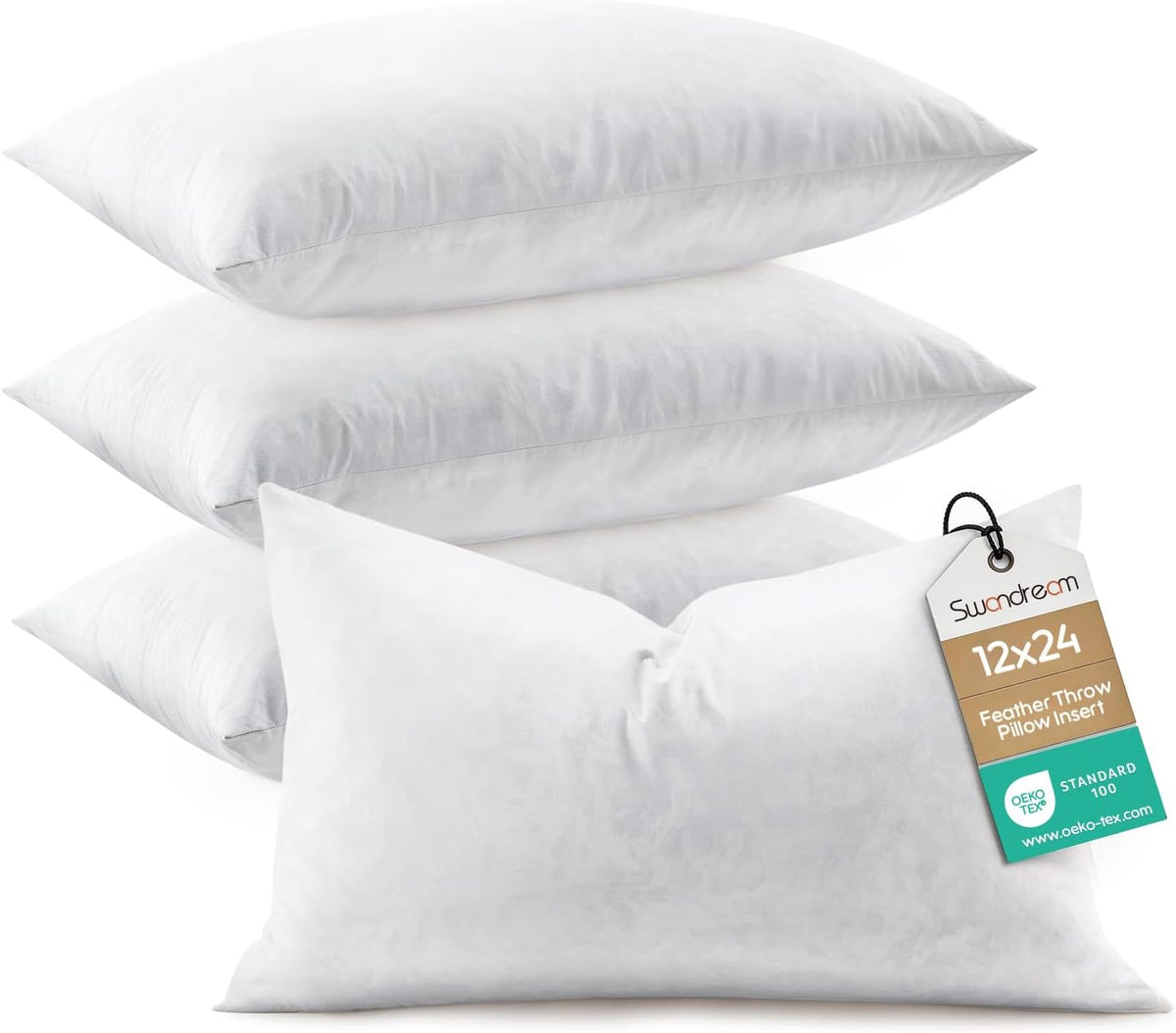 Tall stack of three pillows with a long lumbar pillow placed in front and a tag at the corner
