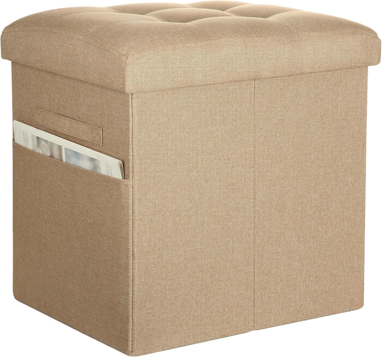 Tan linen-look storage ottoman shown at an angle with a side pocket holding a magazine.