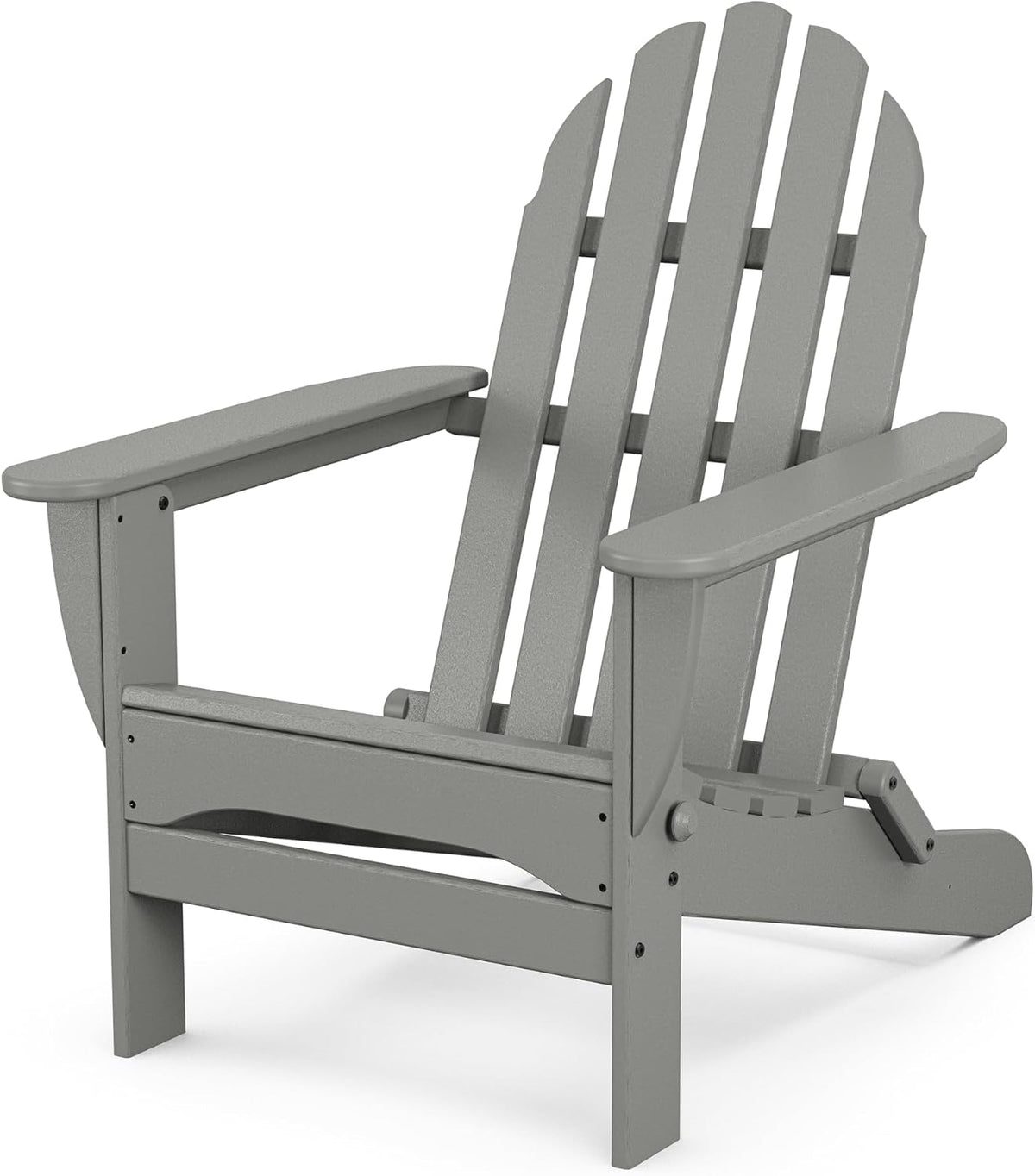 Stone gray Adirondack chair shown from a front angle emphasizing the folding hinge and seat detail