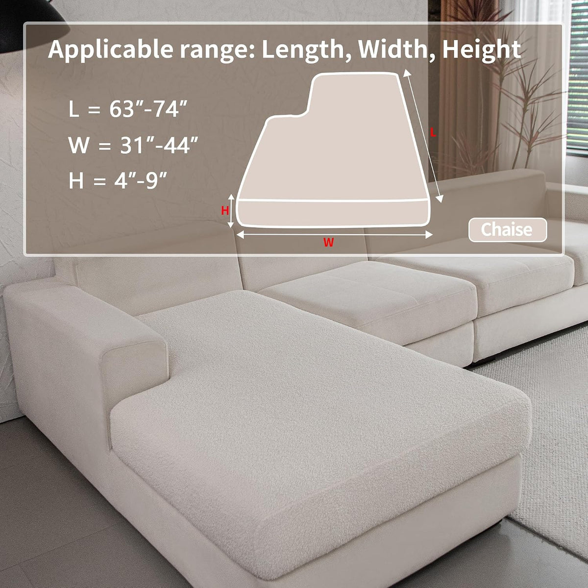 Chaise cushion with measurement graphic overlay showing length 63–74 in, width 31–44 in, height 4–9 in on a cream textured/pe