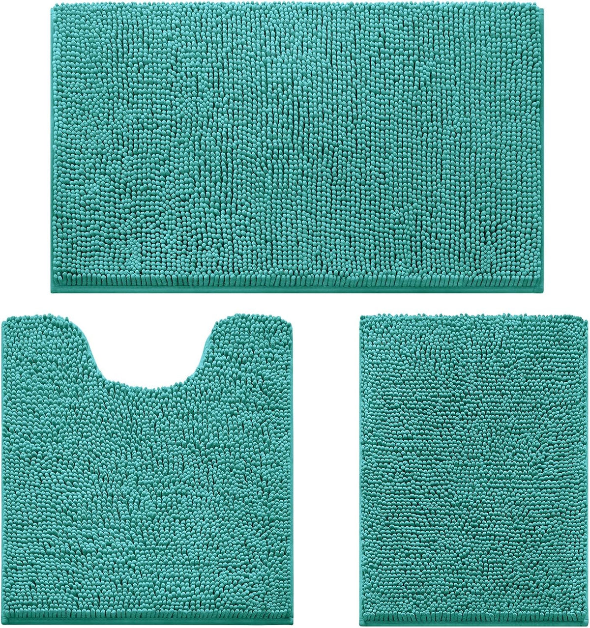 Flat lay of a three-piece chenille bathroom rug set in teal: large bath mat, U-shaped toilet rug, and small rectangular mat.