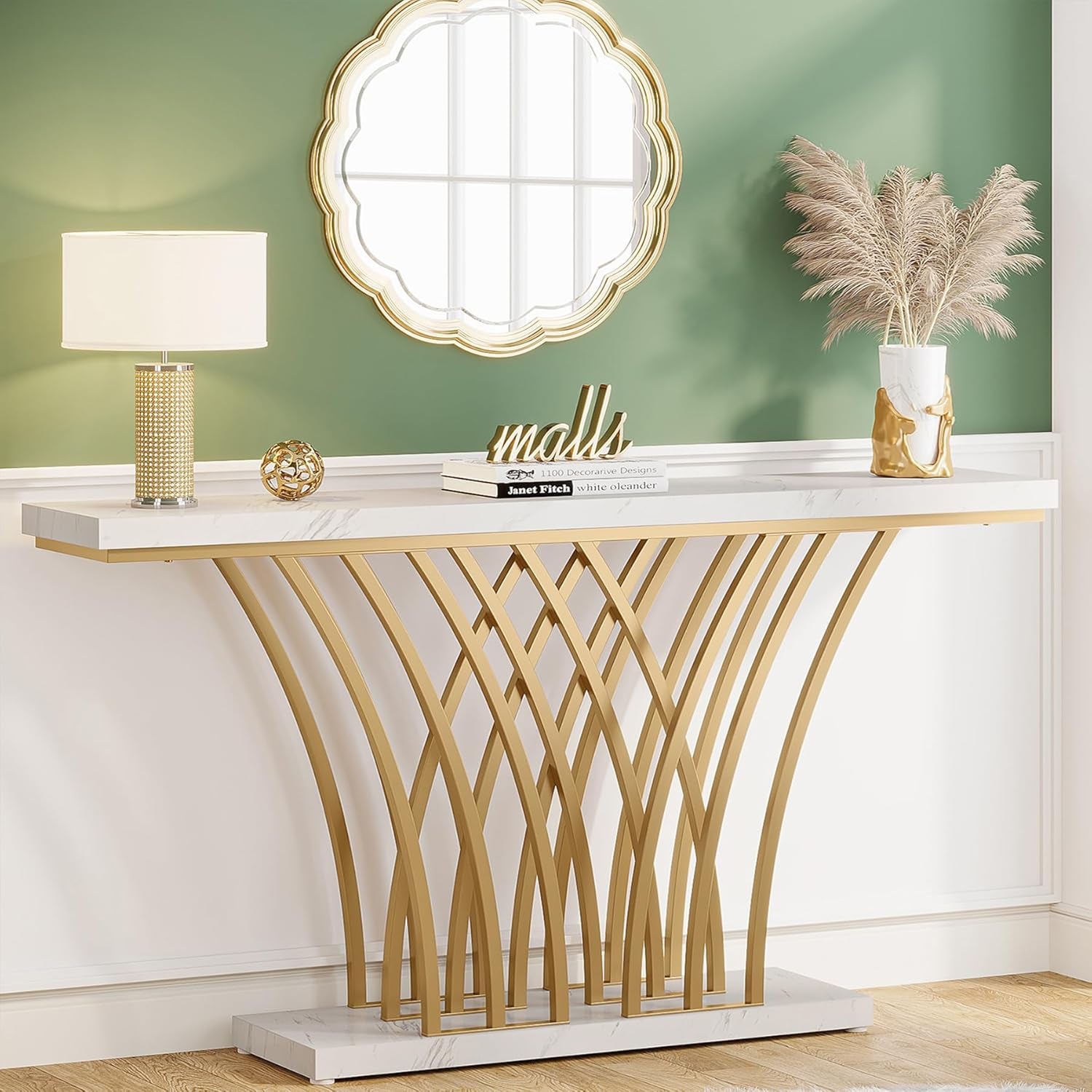 White faux marble 59in console table with gold geometric metal base, angled front view in a styled entryway
