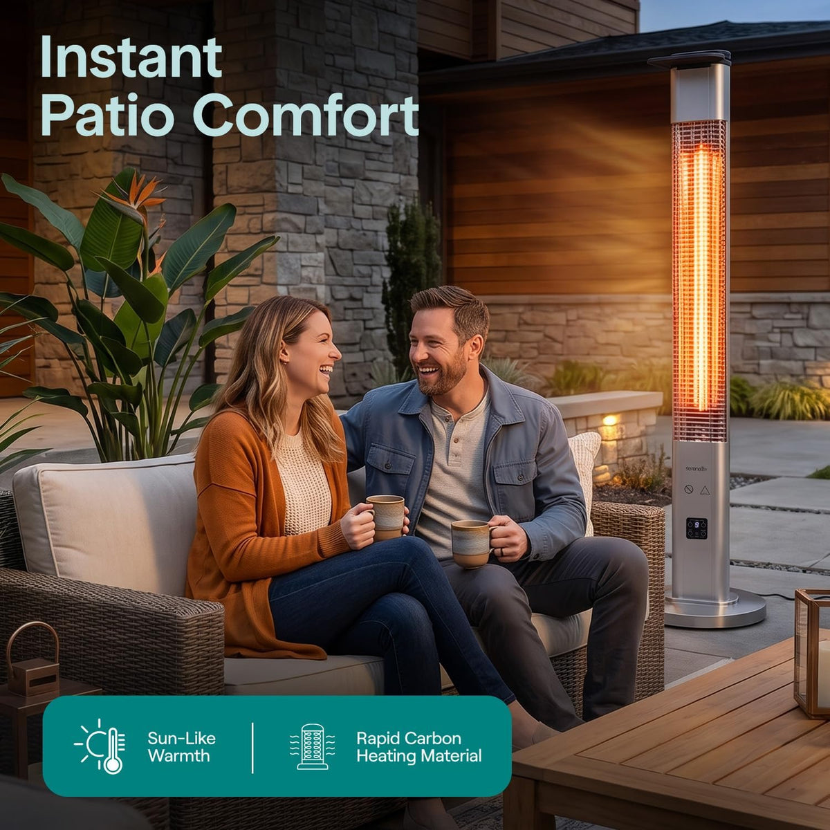 Evening backyard patio scene with a couple seated on a sofa and a tall glowing patio heater nearby