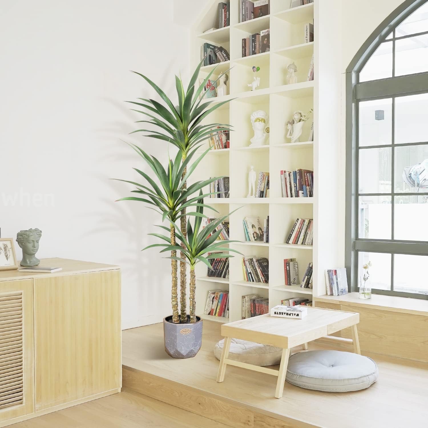 Potted artificial agave tree placed beside a bookshelf and low table in a bright living room scene