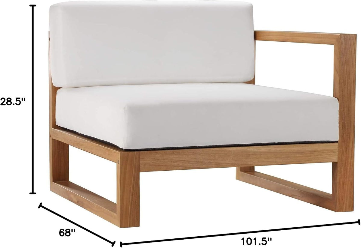 Single teak sectional piece with white cushion and measurement markings, front three-quarter view