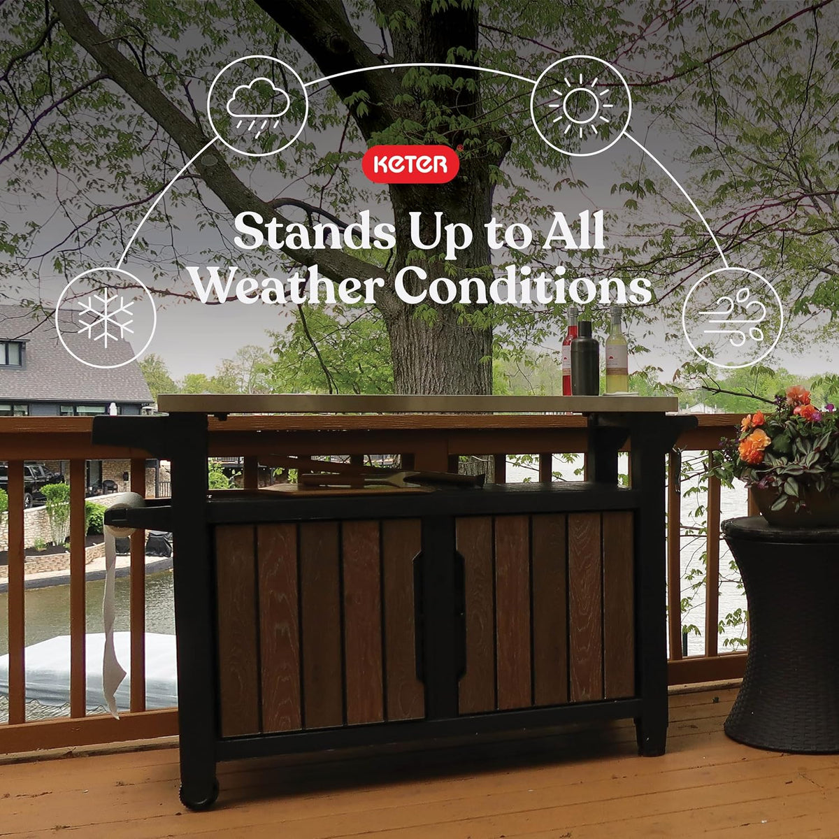 Wood-look outdoor station placed on a deck overlooking water, front view in a natural setting