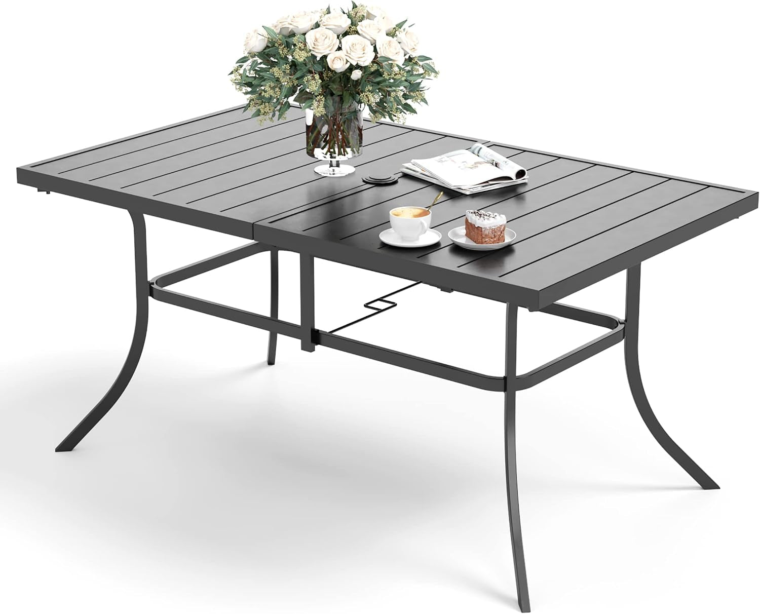 Angled studio view of a rectangular black metal outdoor table with slatted top and curved legs.