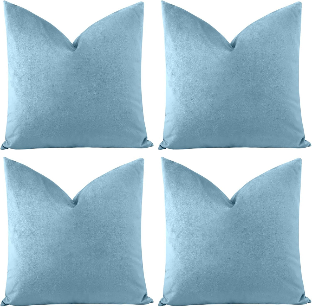 Four light blue square pillow covers arranged in a two-by-two grid on a white background