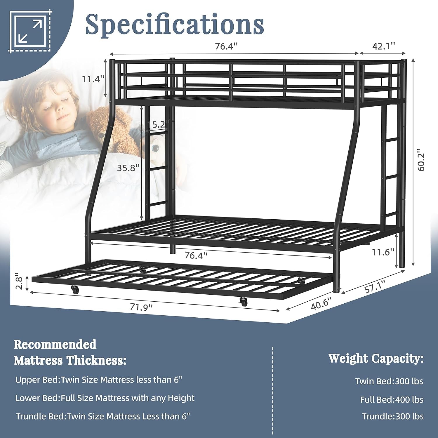 Technical line drawing of the black bunk bed showing top and bottom frames and pull-out trundle.