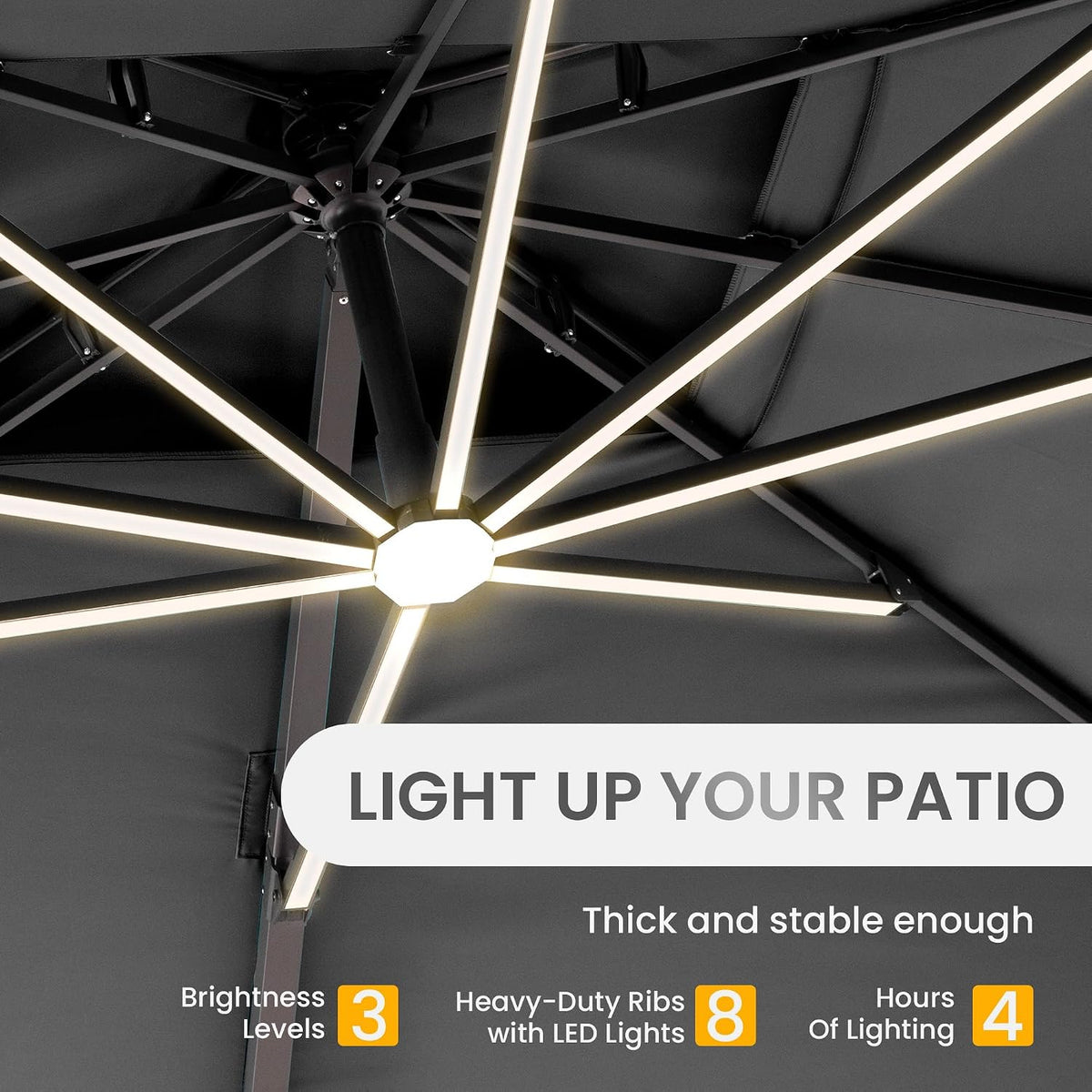 Underside close-up of umbrella showing eight illuminated LED rib strips and center hub.