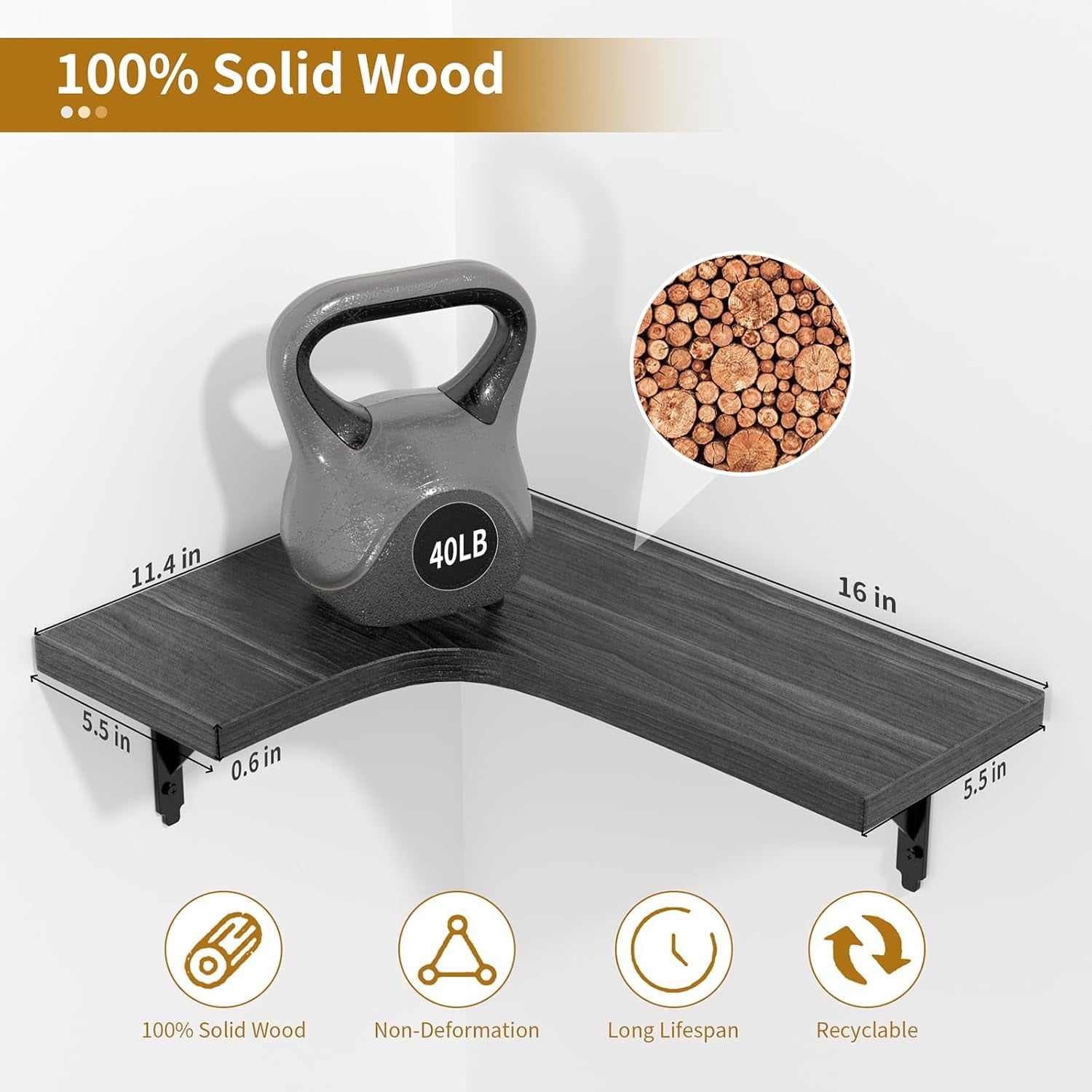 Single black L-shaped shelf with dimensions labeled and a 40 lb weight prop on top
