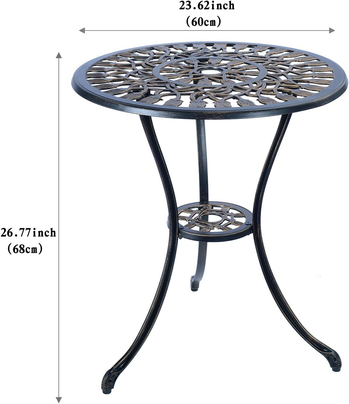 Side view of round metal bistro table showing curved tripod legs and a circular decorative shelf beneath the tabletop.
