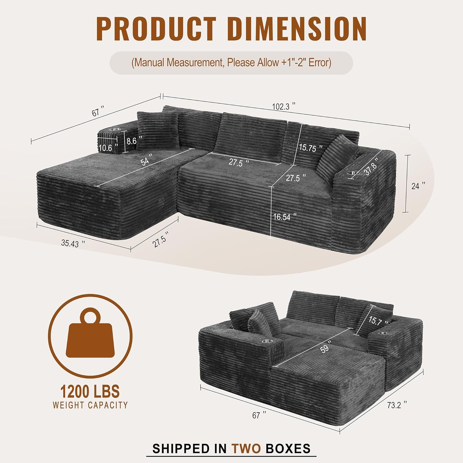 103" Boneless Couches for Living Room with 2 Cup Holders,L Shaped Modular Sectional Sofa Set,No Assembly Needed Plush Corduroy Living Room Set,Dark Gray