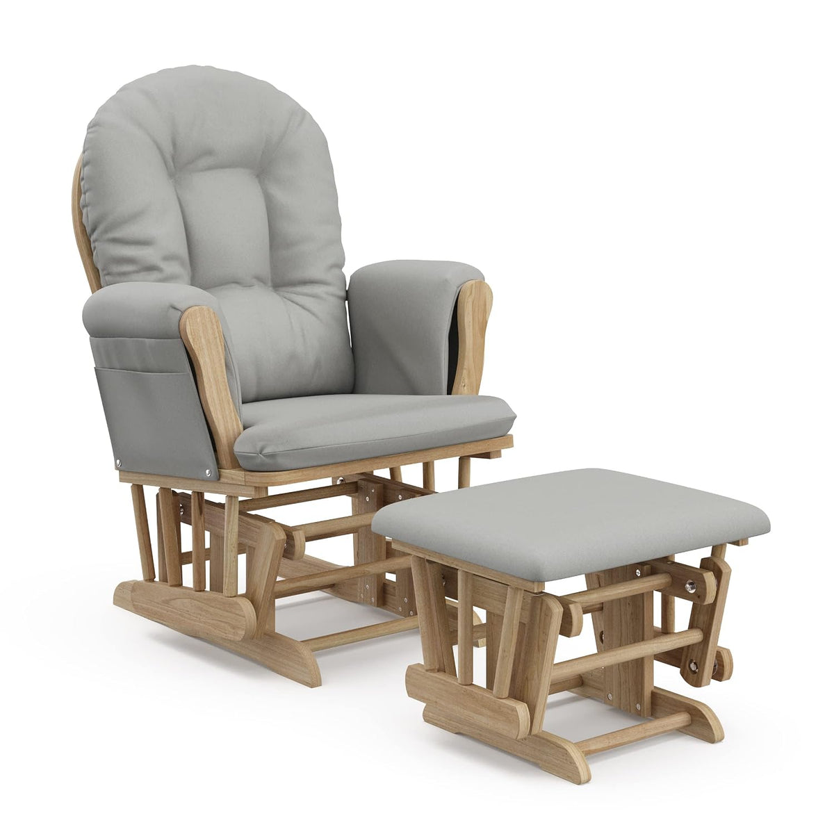 Light natural wood glider chair with pale gray cushions and matching ottoman on white background