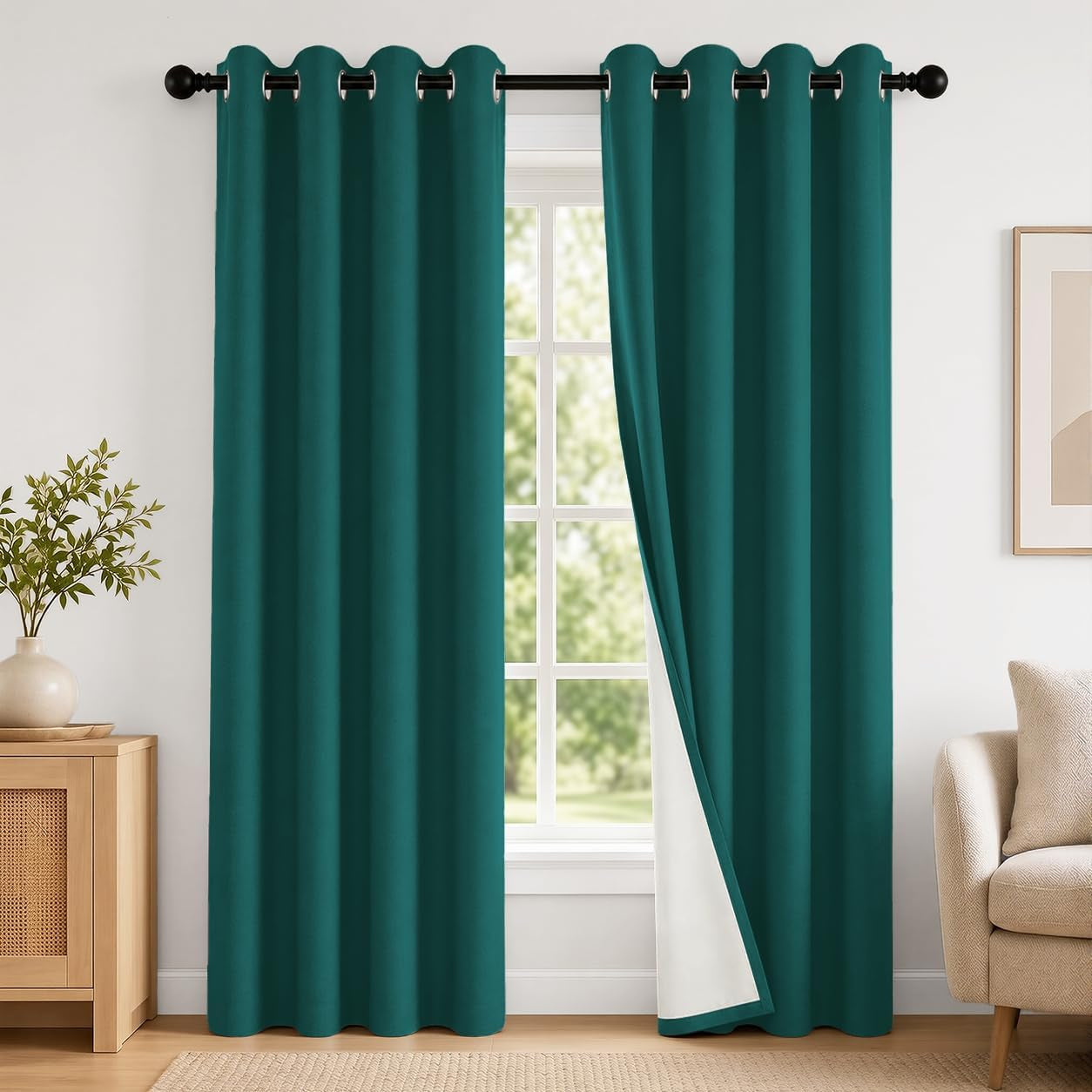 Window with two deep teal grommet curtains, one pulled back to show white backing and a glimpse outside.