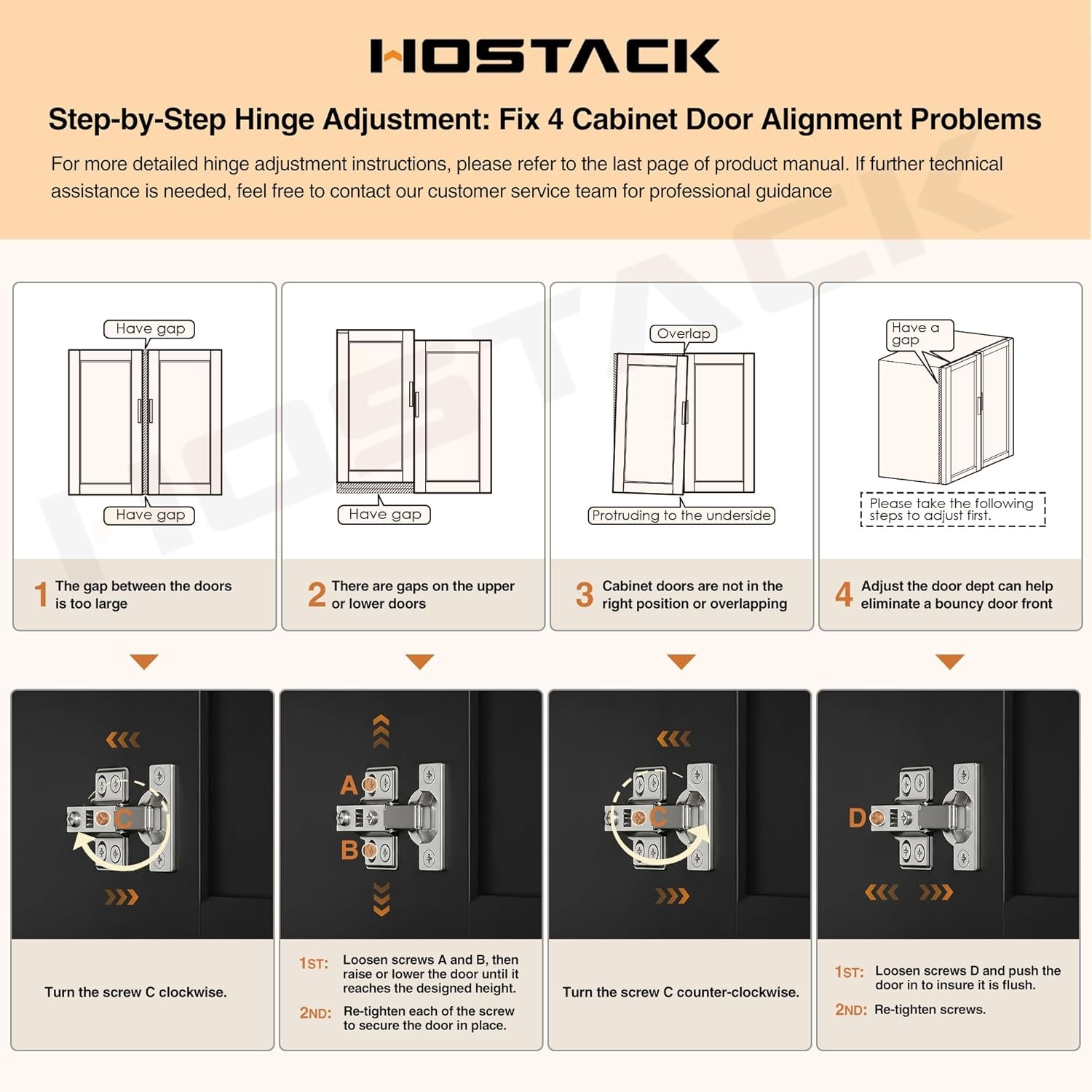 Hinge adjustment diagram showing steps to align cabinet doors and tighten screws.