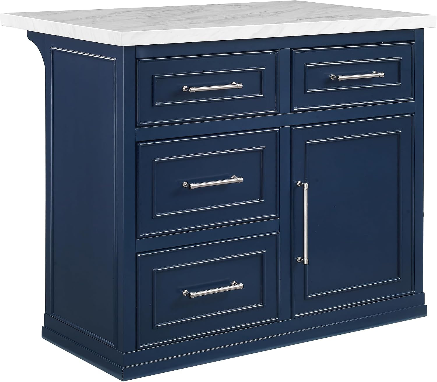 Front-on view of the island in navy blue showing drawer fronts, cabinet door and faux marble top.