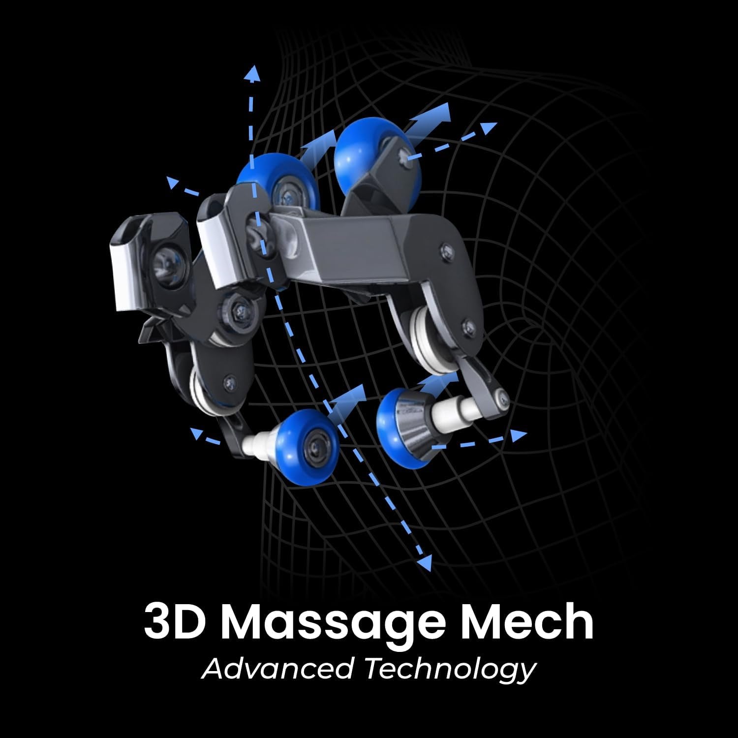 Close-up of the 3D massage mechanism showing multiple blue rollers and articulated metal arms on a black background