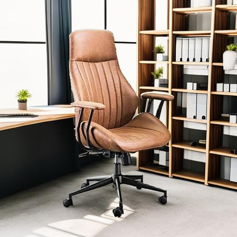Brown faux suede executive chair front-right view in a bright office setting with shelving in the background