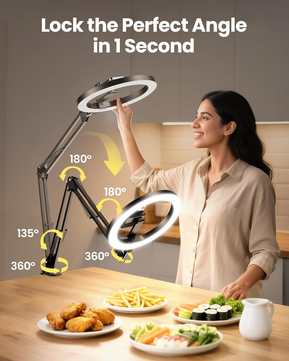 Woman reaching up to adjust a lit ring light on an articulated arm showing rotation and angle flexibility
