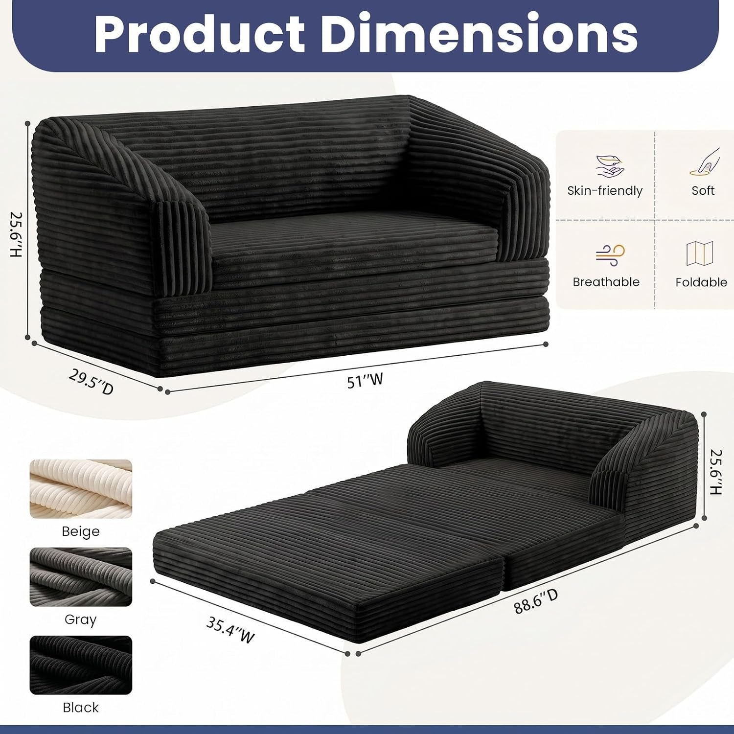 Graphic showing black corduroy sofa with dimensions and unfolded mattress view with beige, gray, black swatches