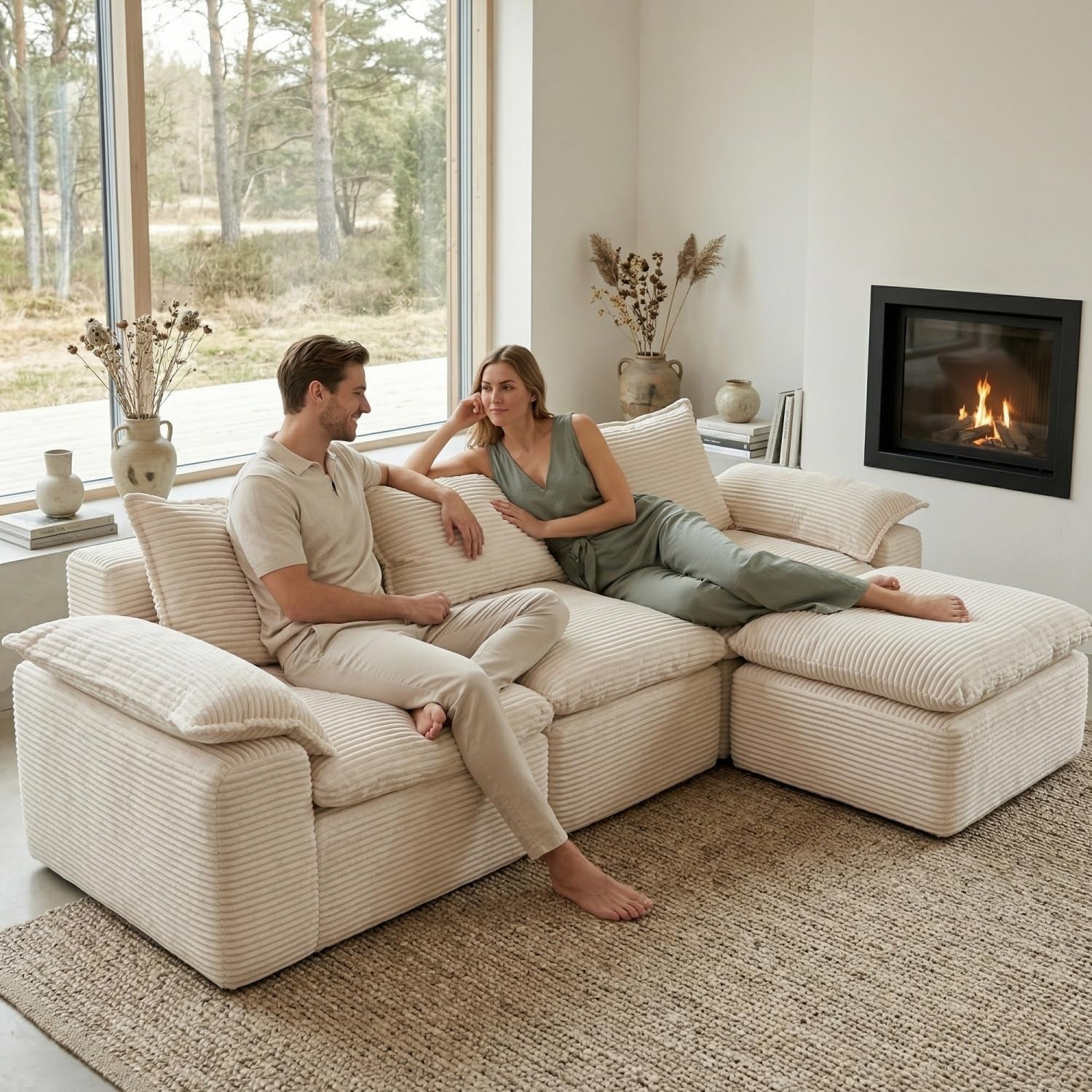 A couple relaxing on a cream ribbed L‑shaped sectional near a fireplace and large window in a neutral living room.