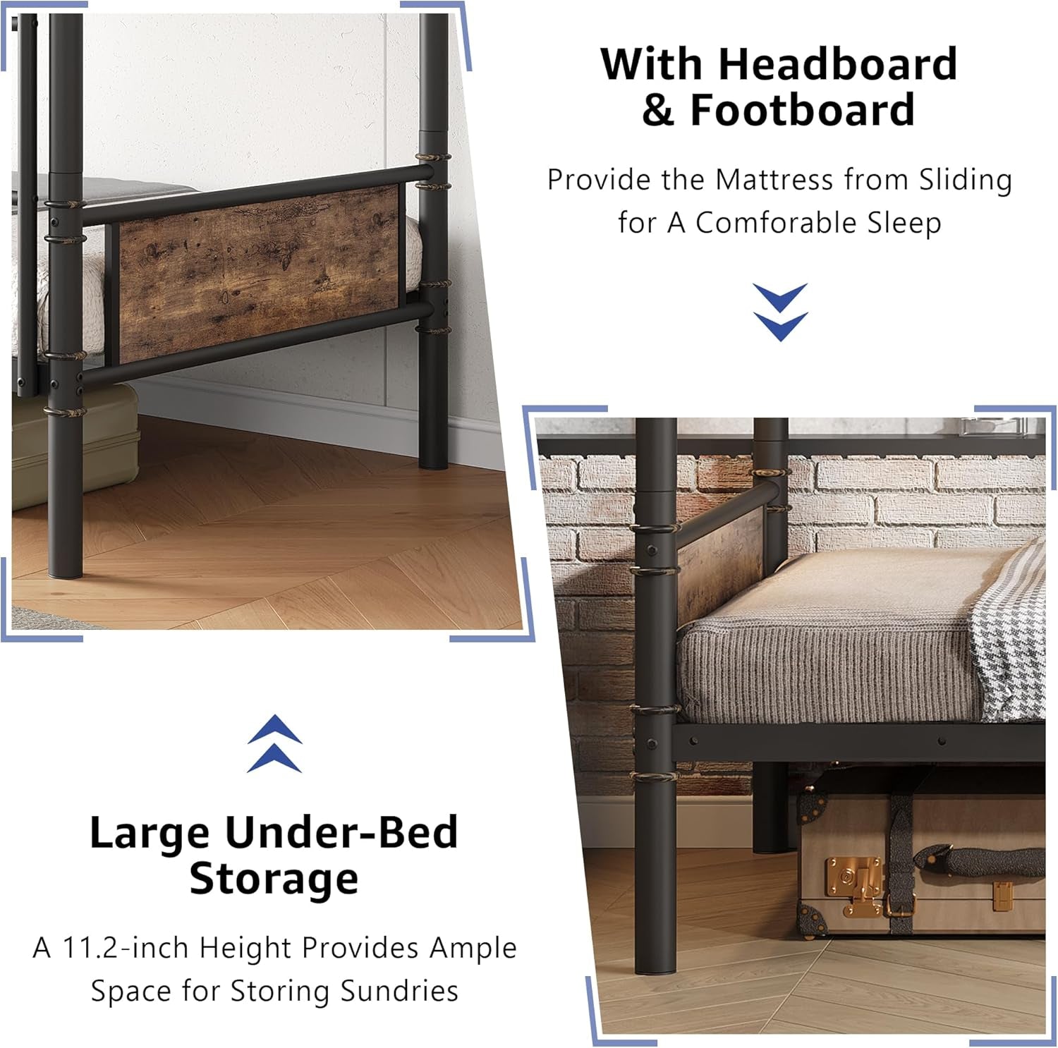 Two close-up panels of the bed: wood-look footboard inset on metal frame and a lower corner showing storage space beneath