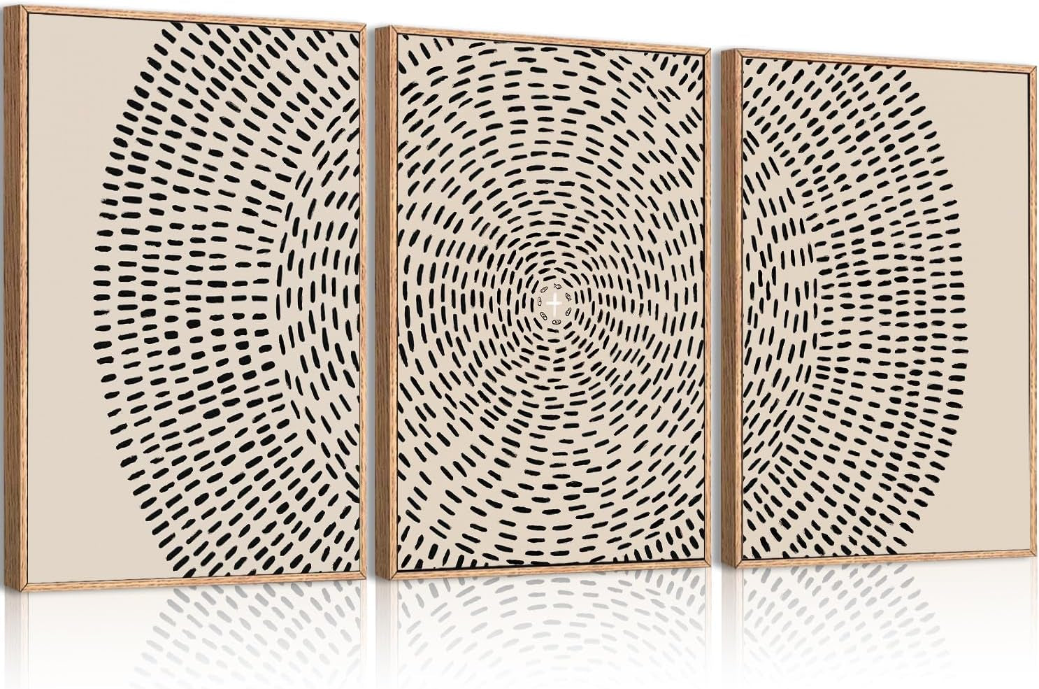 Three framed panels forming a radial pattern of short black dashes on a beige background.