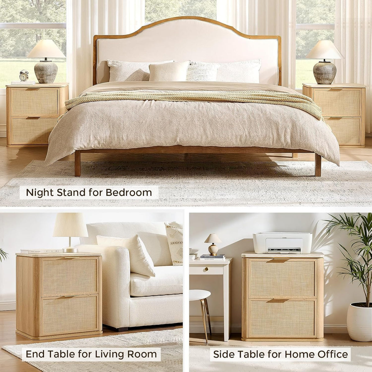 Montage showing the nightstand used as bedroom nightstands beside a bed, and as an end table and side table in living room