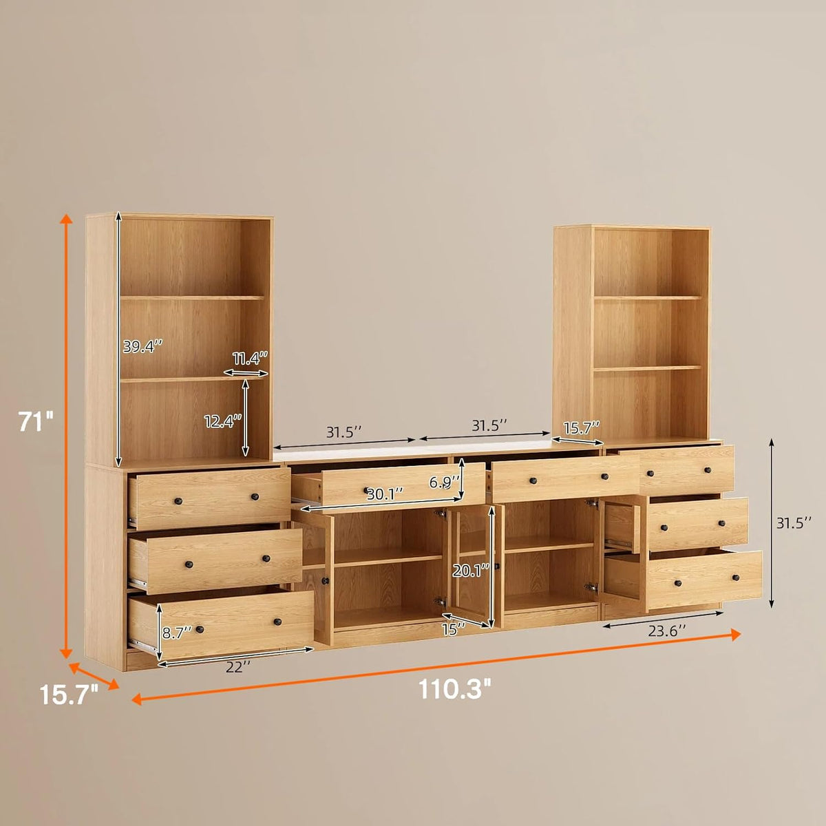 Illustration showing measurements for the modular TV stand and tall shelves with dimension callouts.