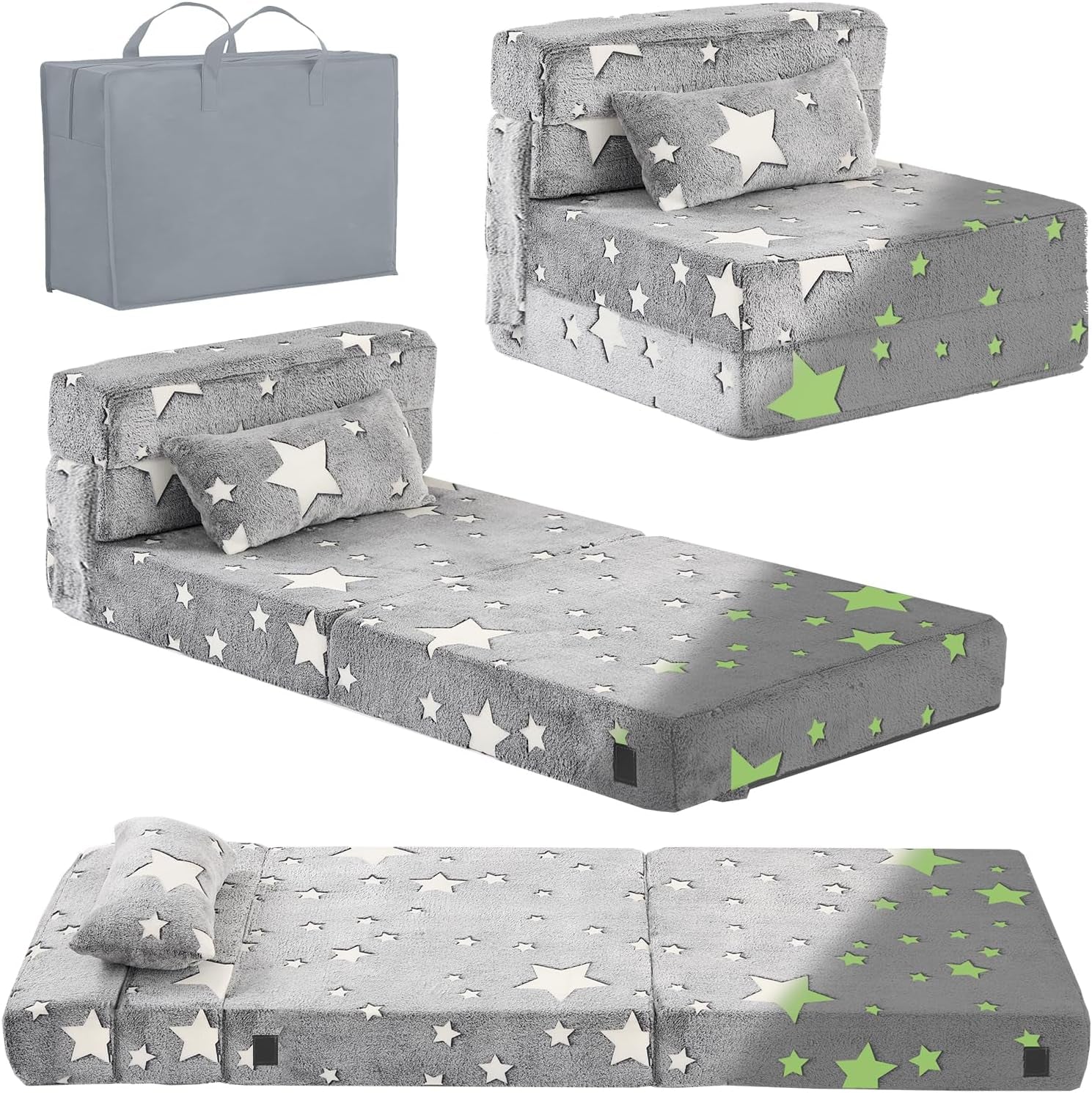 Gray folding mattress with white and green star pattern shown folded as chair, extended flat, and gray carry bag.