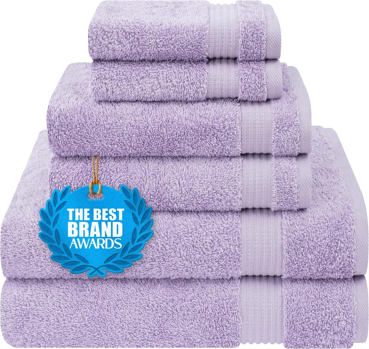 Front-facing stack of lavender towels arranged by size, highlighting ribbed trim and soft pile.