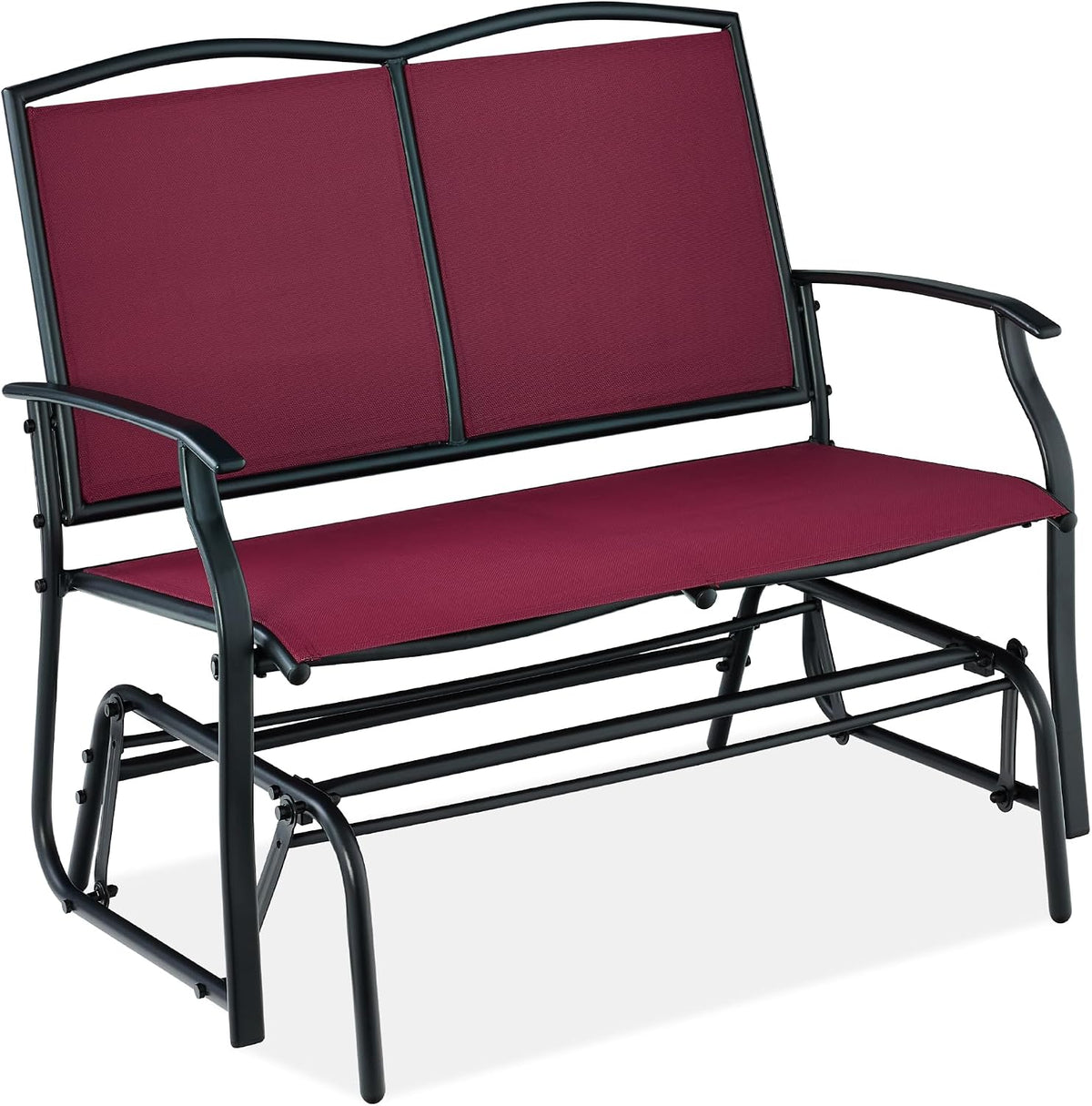 Angled studio view of a two-person swing glider with burgundy textilene seat and black metal frame