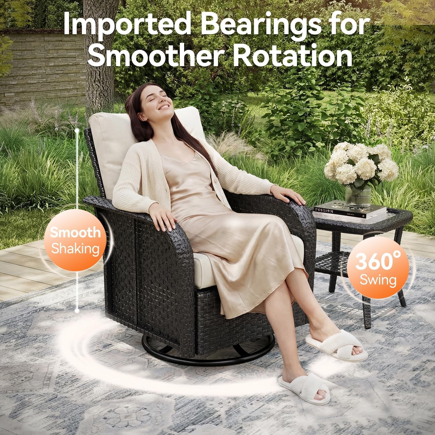 Close-up of a swivel wicker chair in beige cushion demonstrating 360° rotation in a garden setting