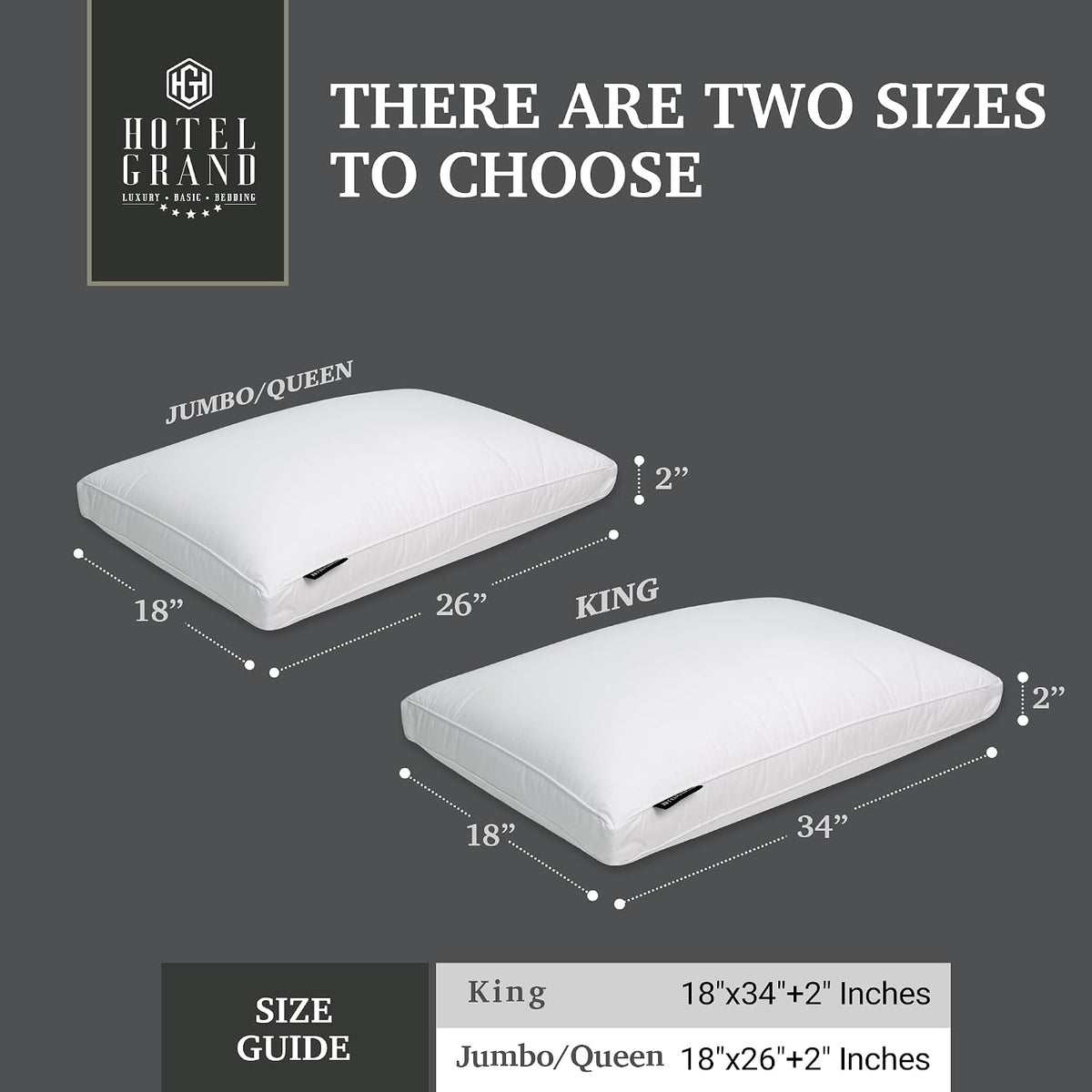 Graphic showing two pillow sizes on a dark background with dotted measurement lines and labels.