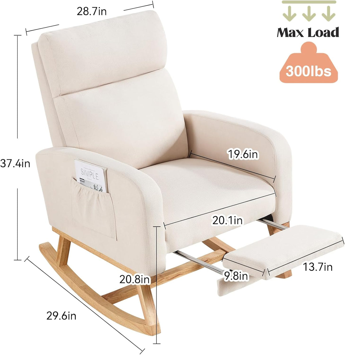 Three-quarter view of the beige rocker with measurement overlays and a small pocket on the armrest.