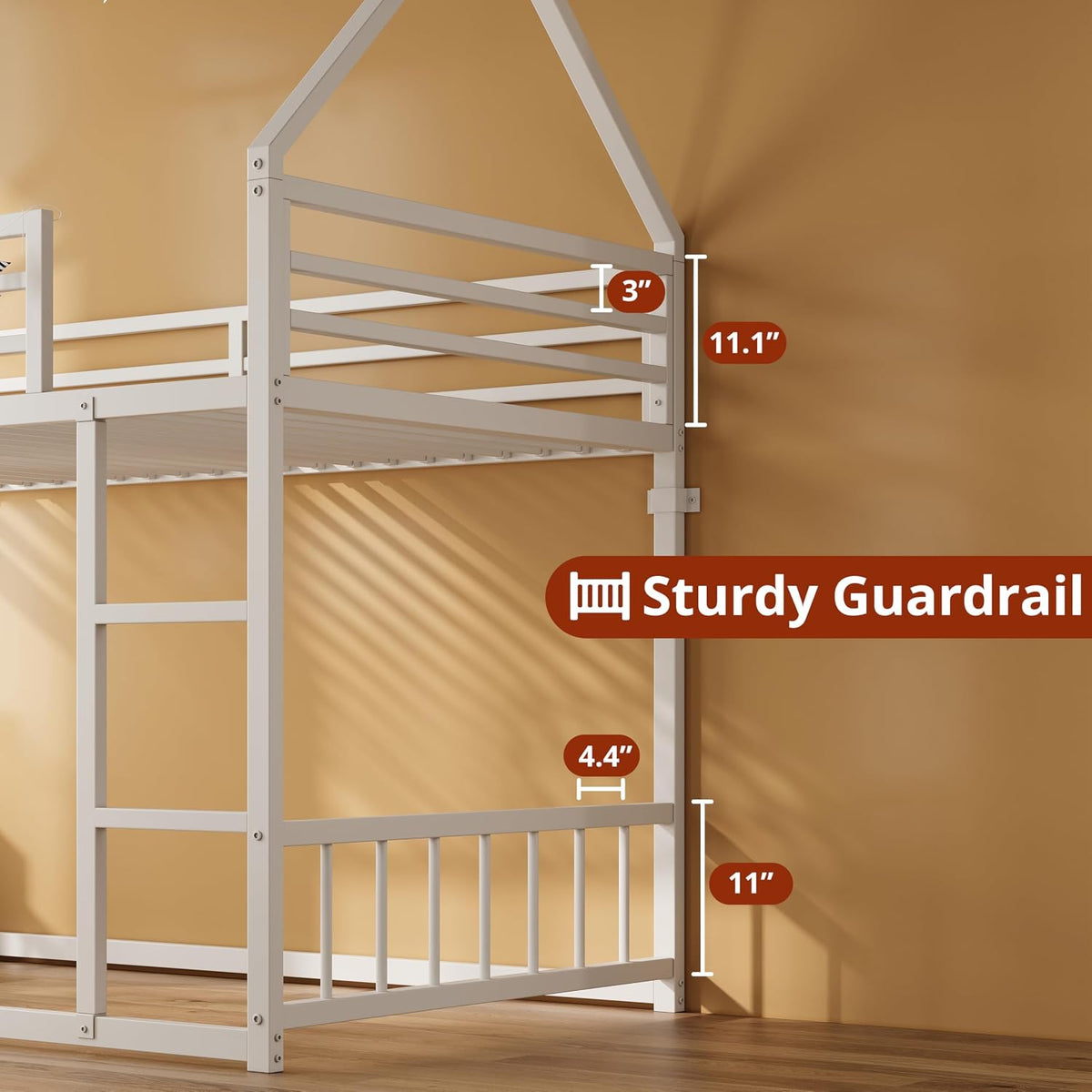 Close-up of the bed's corner showing the ladder, vertical posts and guardrail with overlaid measurement graphics.