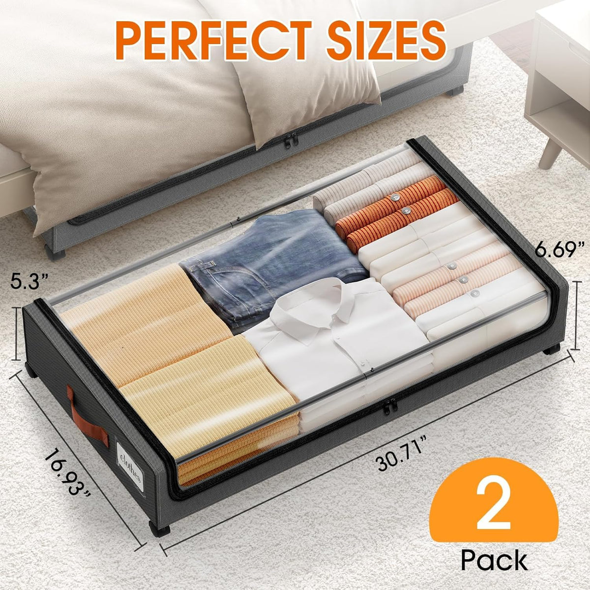 Underbed storage box shown with dimension overlays reading about 30.71" by 16.93" and a low-profile height measurement
